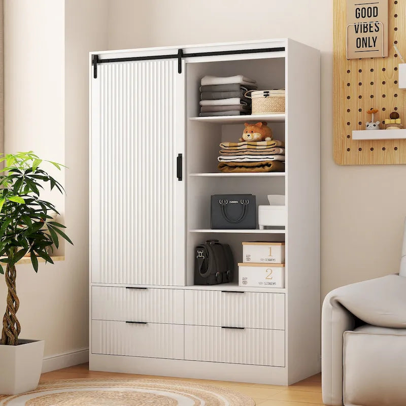 Grande armoire de chambre à coucher avec tringle à vêtements, portes coulissantes de style grange, tiroirs et étagères ouvertes, blanc