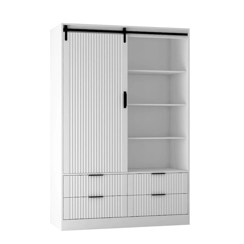 Grande armoire de chambre à coucher avec tringle à vêtements, portes coulissantes de style grange, tiroirs et étagères ouvertes, blanc