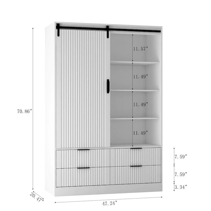 Grande armoire de chambre à coucher avec tringle à vêtements, portes coulissantes de style grange, tiroirs et étagères ouvertes, blanc