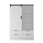 Grande armoire de chambre à coucher avec tringle à vêtements, portes coulissantes de style grange, tiroirs et étagères ouvertes, blanc