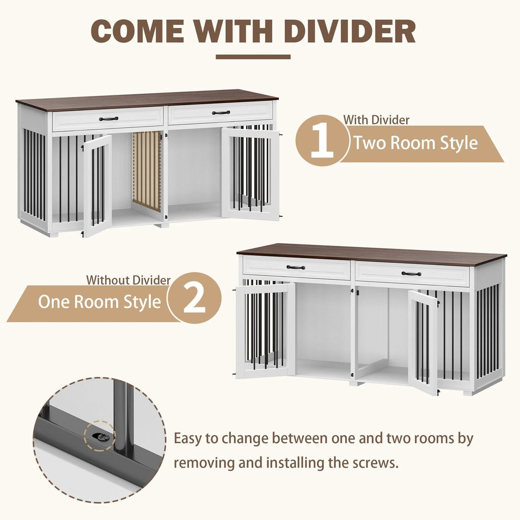 Meuble Niche Double pour Chiens en Bois avec 2 Tiroirs et Séparateur