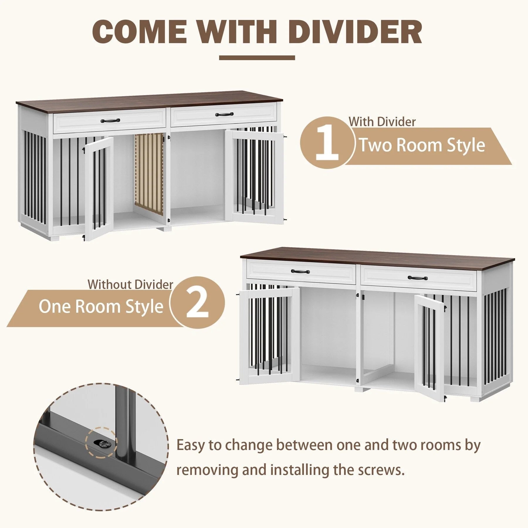 Meuble Niche Double pour Chiens en Bois avec 2 Tiroirs et Séparateur