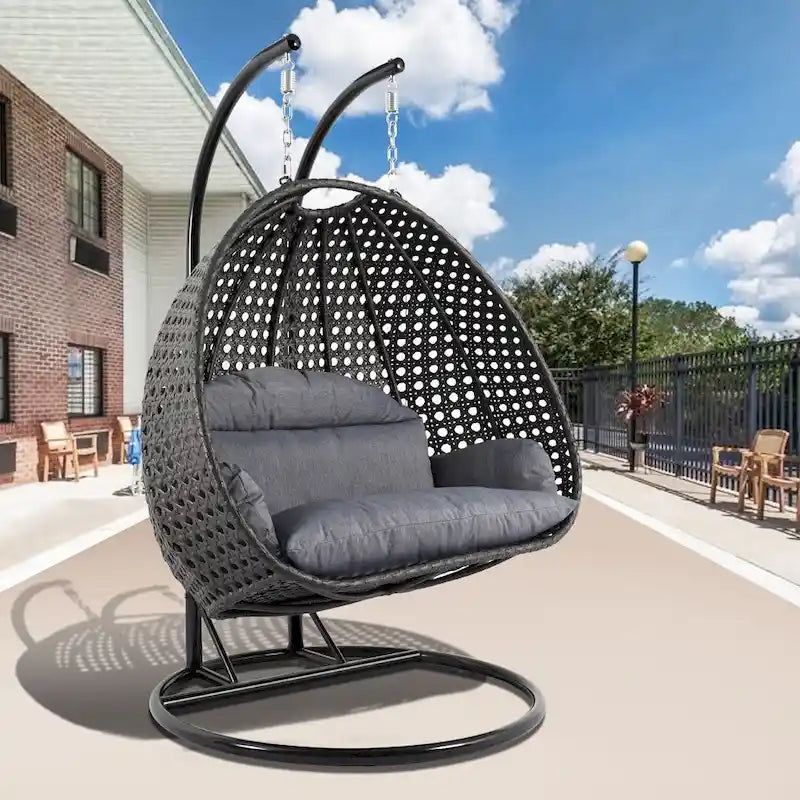 LeisureMod Fauteuil suspendu œuf 2 places avec support - Balançoire hamac de patio en rotin osier intérieur/extérieur avec coussins