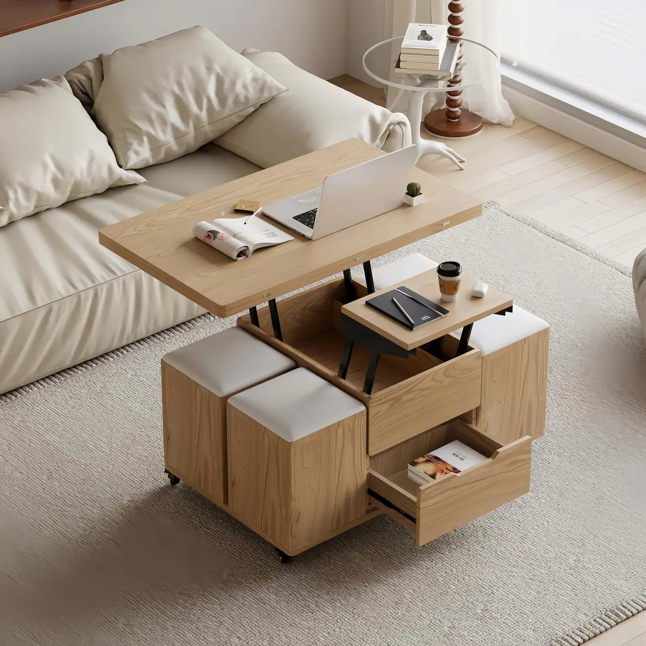 Table basse relevable et pliable avec 4 tabourets et rangement
