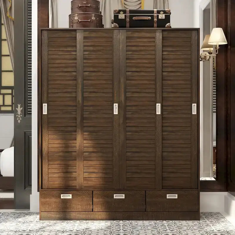 Garde-robe marron avec tiroirs, tringle à vêtements 4 portes coulissantes