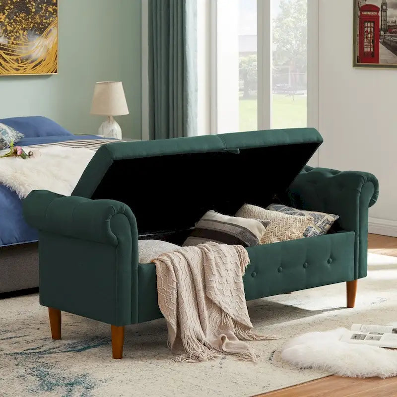 Banc de rangement pour chambre, bout de lit, accoudoirs roulés, canapé ottoman en velours, long banc