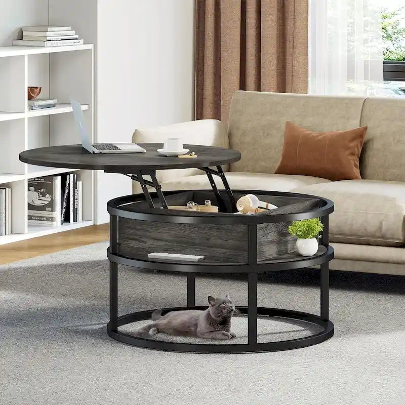 Table basse ronde relevable Moasis Farmhouse avec rangement dissimulé et étagère