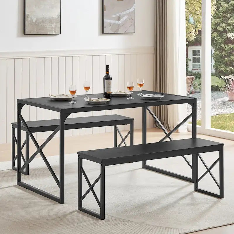 Table à manger 3 pièces VECELO avec banc, ensemble de table de salle à manger pour 4-6 personnes, table de cuisine avec 2 bancs, ensemble de table à manger