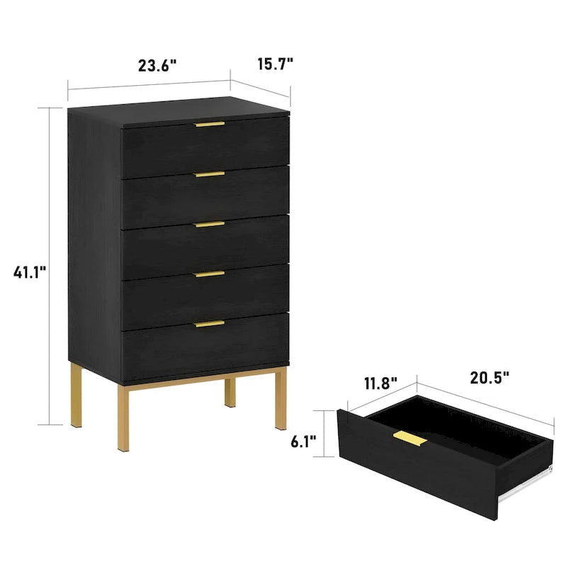 Commode à 5 tiroirs avec table de chevet et meuble de rangement 60 cm L Blanc/Noir