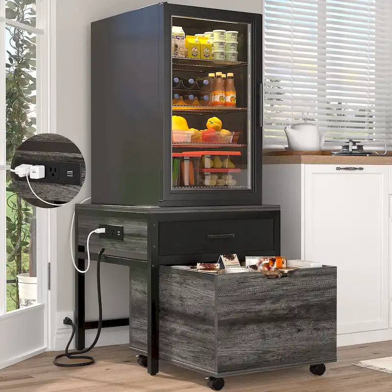 Meuble de support pour mini-réfrigérateur avec station de charge, table d'appoint avec tiroirs de rangement et meuble à roulettes
