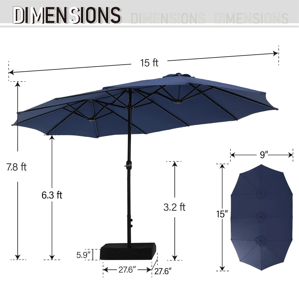 MAISON ARTS Parasol de marché extérieur rectangulaire de 4,5 m avec manivelle, double face, lumières LED solaires et base incluse