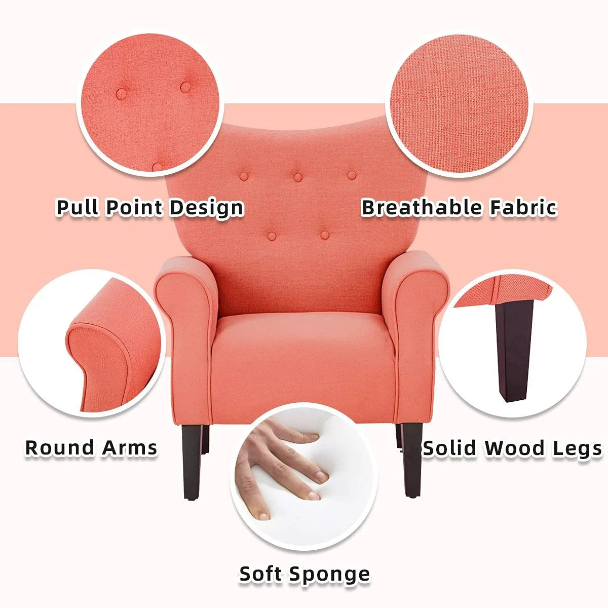 Fauteuil d'appoint moderne Erommy, fauteuil à dossier haut, canapé individuel en tissu capitonné avec pieds en bois pour salon