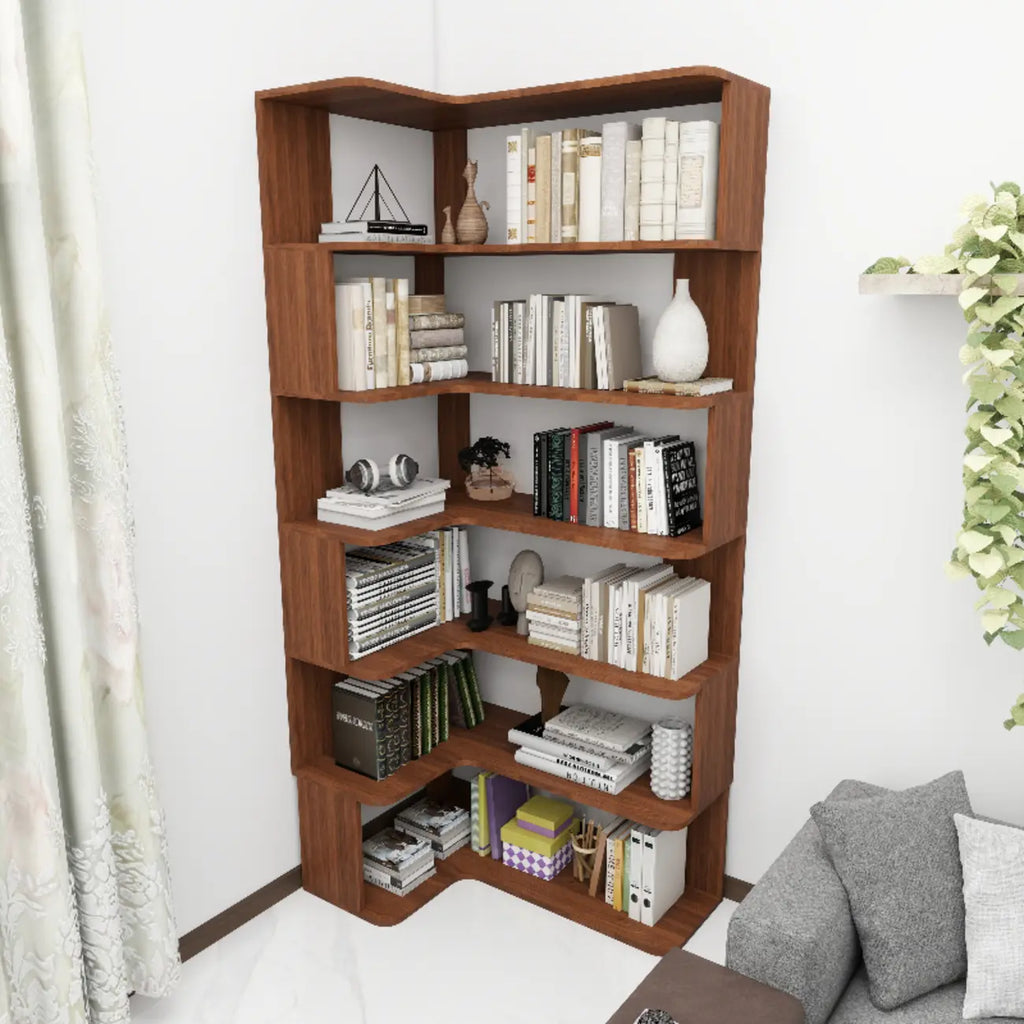 Étagère d'angle en bois manufacturé avec 6 tablettes