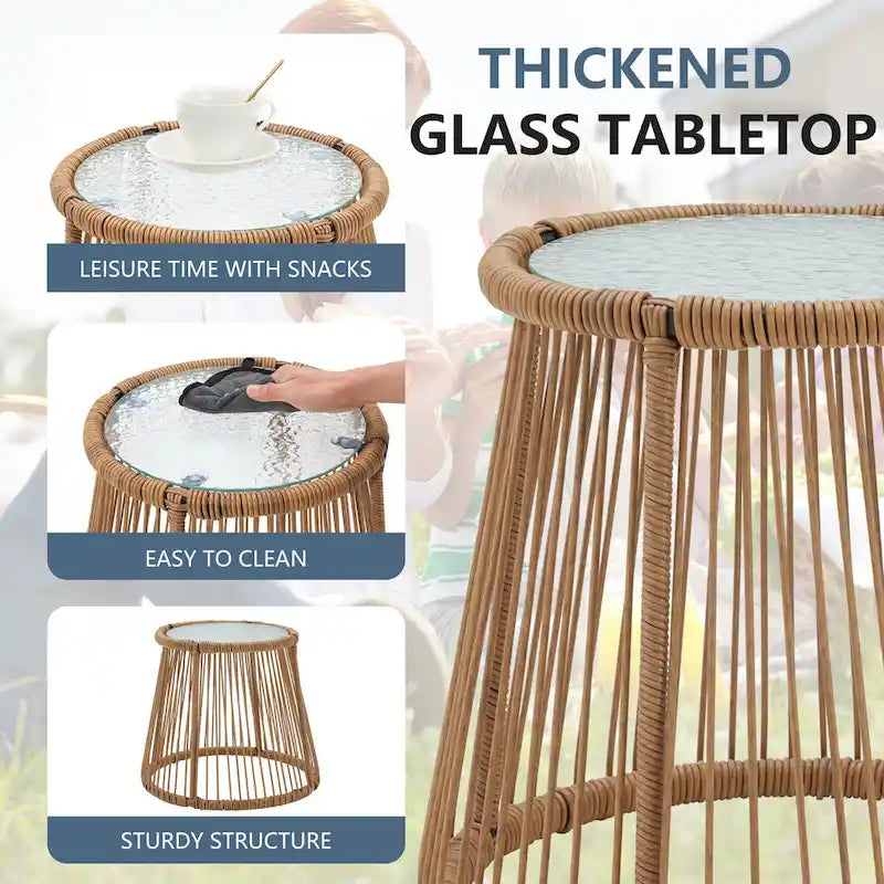 Ensemble de bistro 3 pièces pour terrasse, salon de jardin en rotin d'extérieur avec table en verre et 2 fauteuils larges, coussins d'assise