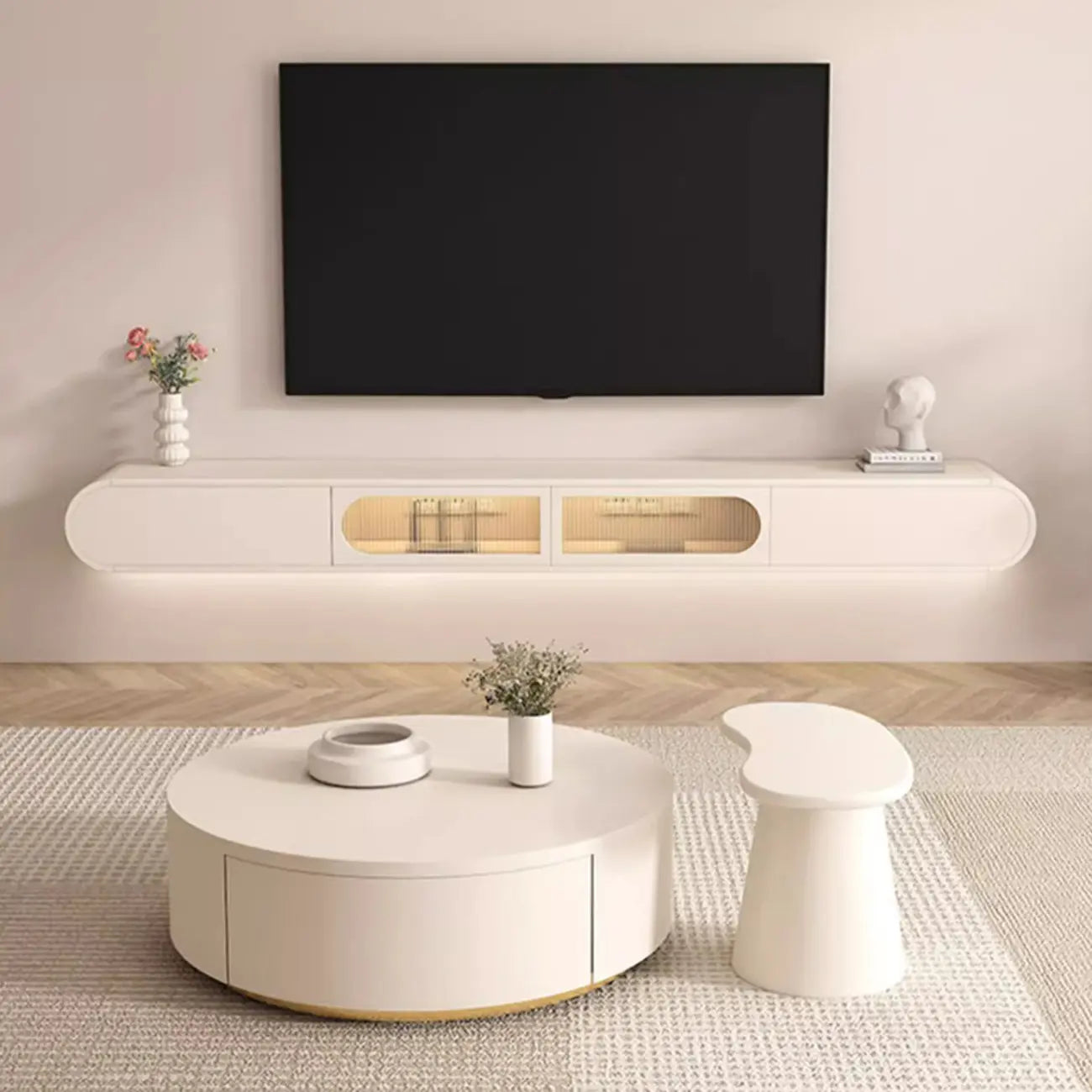 Meuble TV mural flottant en bois blanc avec rangement pour salon
