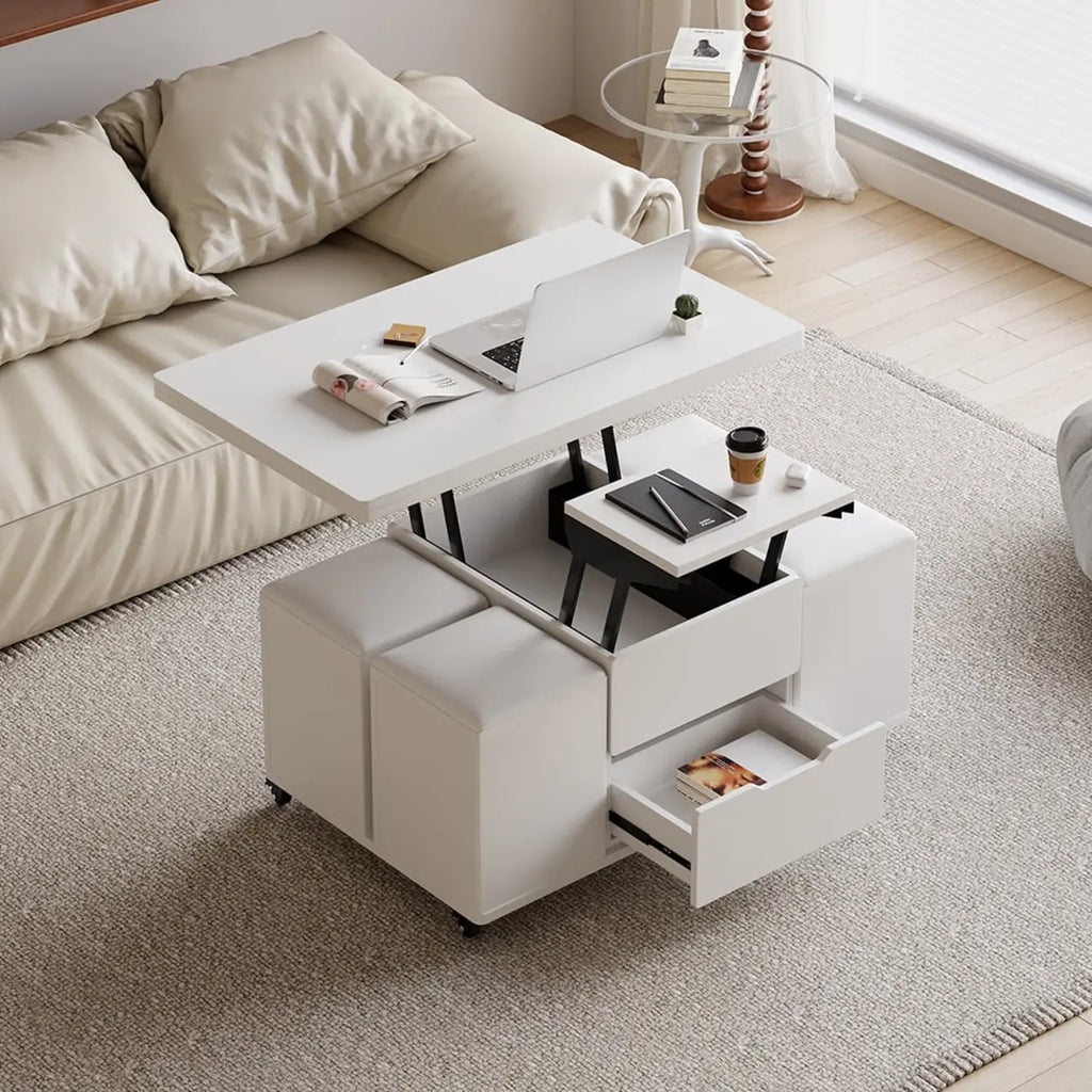 Table basse relevable et pliable avec 4 tabourets et rangement