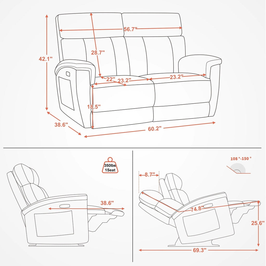 Canapé inclinable électrique biplace MCombo 60.2 avec massage et double chauffage, appuie-tête réglable, ports USB et USB-C, en tissu