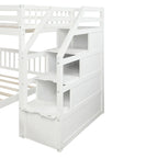 Lit mezzanine en bois double sur grand avec escalier, balustrades hautes et échelle