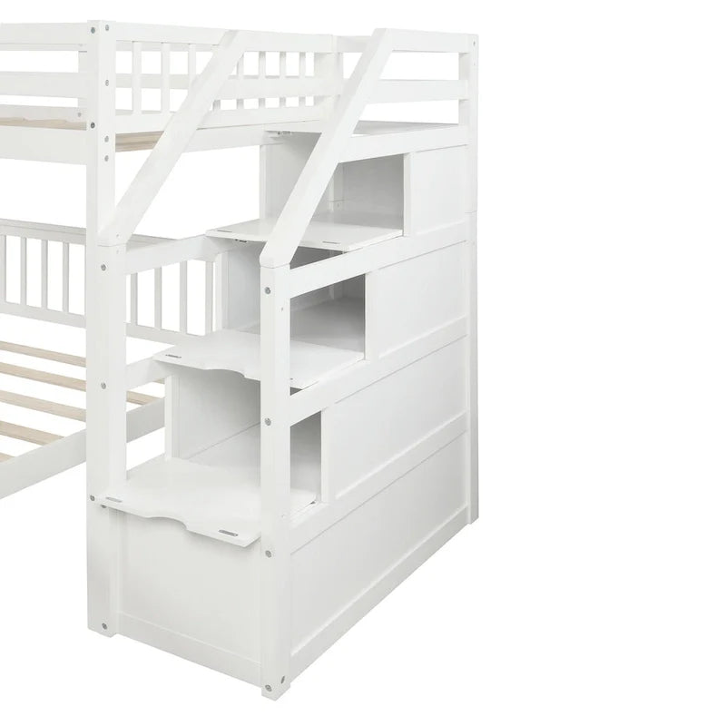 Lit mezzanine en bois double sur grand avec escalier, balustrades hautes et échelle