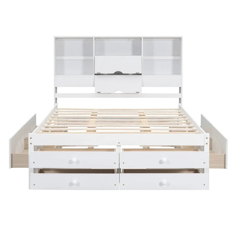 Lit plateforme King Size avec tête de lit de rangement et 8 tiroirs