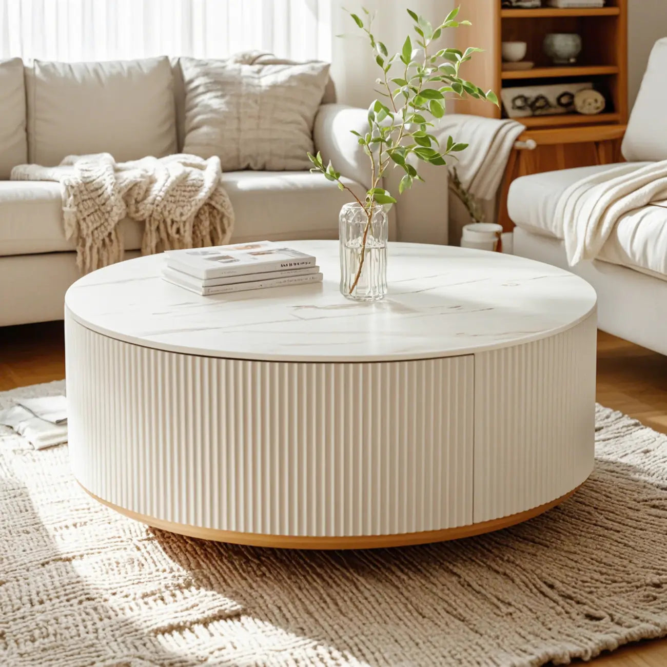 Table basse ronde moderne blanche avec tiroir en bois