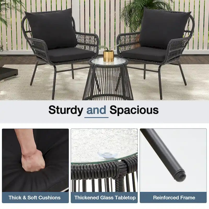 Ensemble de bistro 3 pièces pour terrasse, salon de jardin en rotin d'extérieur avec table en verre et 2 fauteuils larges, coussins d'assise