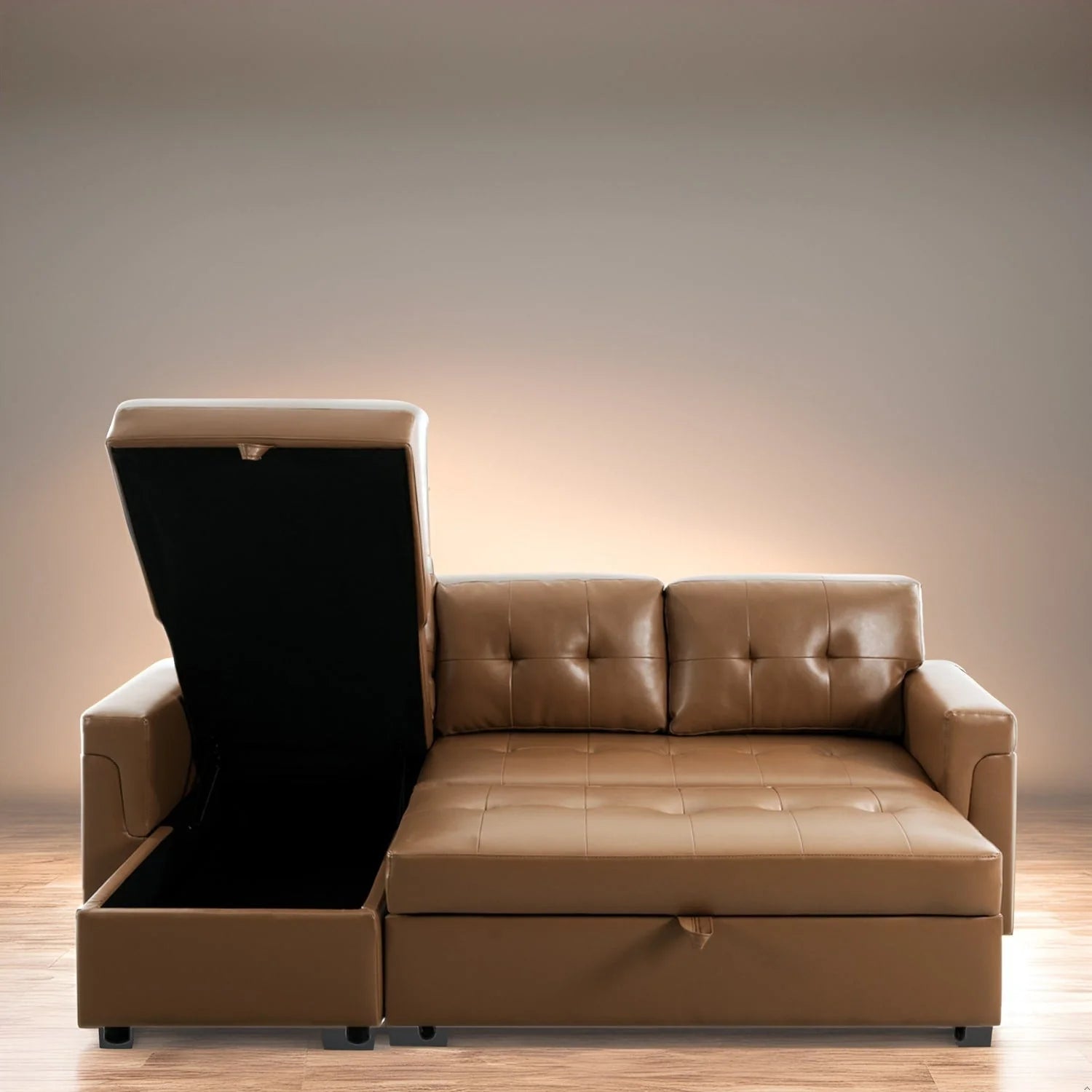 Canapé d'angle réversible convertible avec lit gigogne, méridienne avec rangement dissimulé et pieds durables