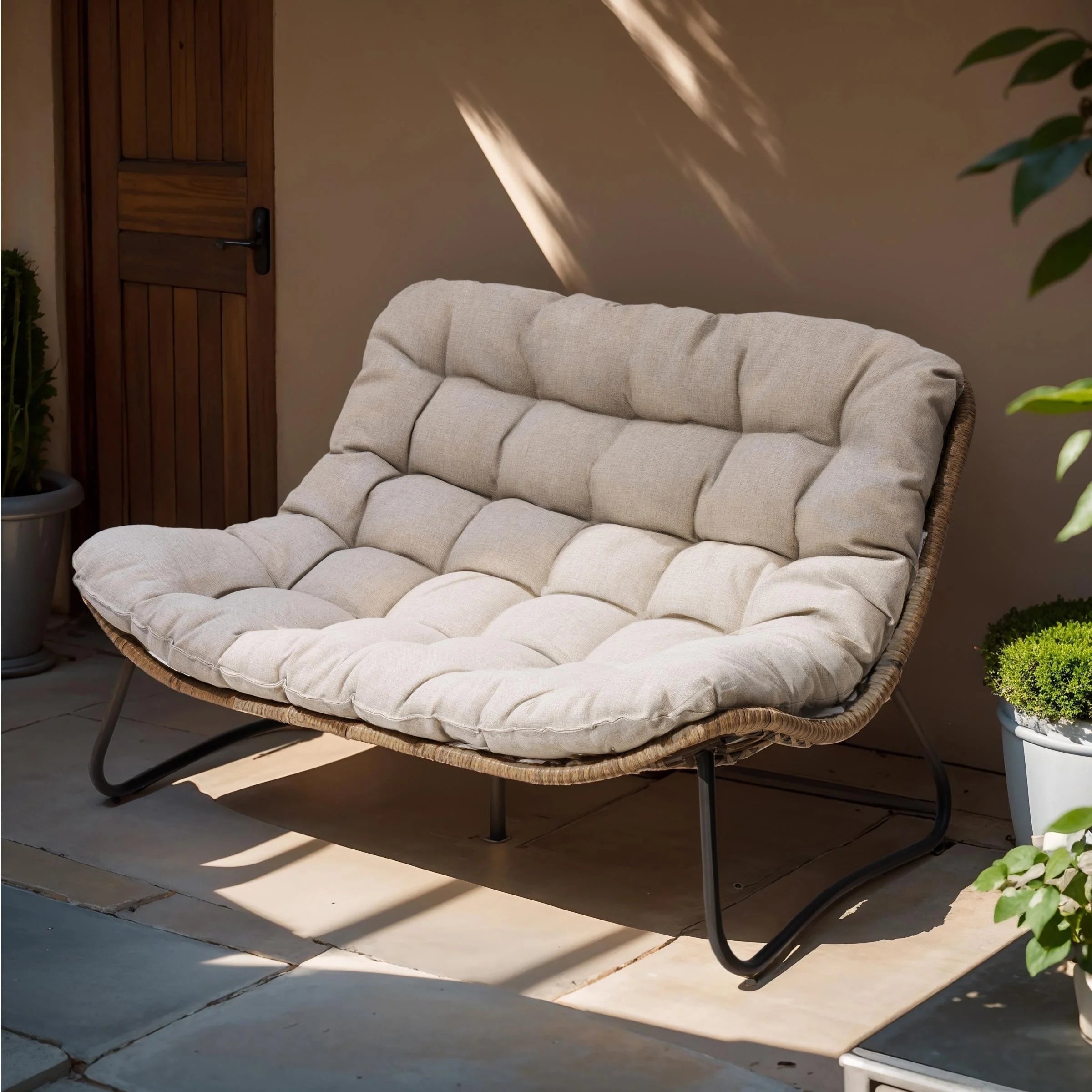 Fauteuil Double Papasan avec Coussin, en Rotin PE Résistant aux Intempéries et Cadre en Métal pour Intérieur et Extérieur