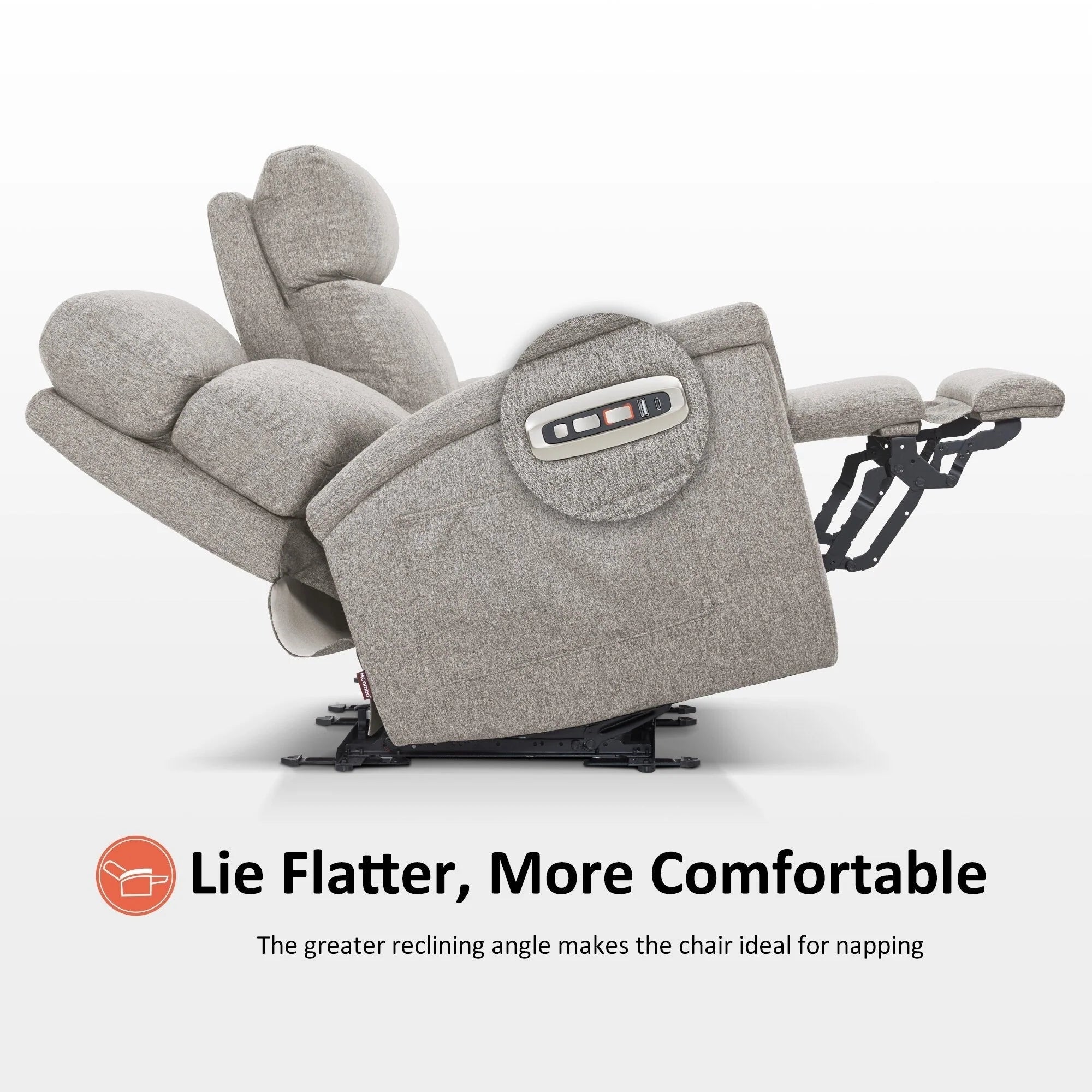 Canapé inclinable électrique biplace MCombo 60.2 avec massage et double chauffage, appuie-tête réglable, ports USB et USB-C, en tissu
