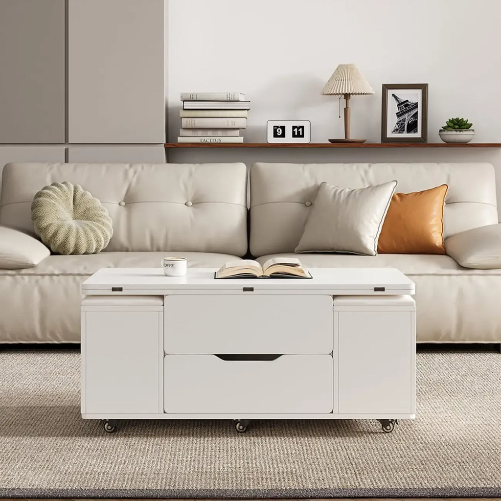 Table basse relevable et pliable avec 4 tabourets et rangement