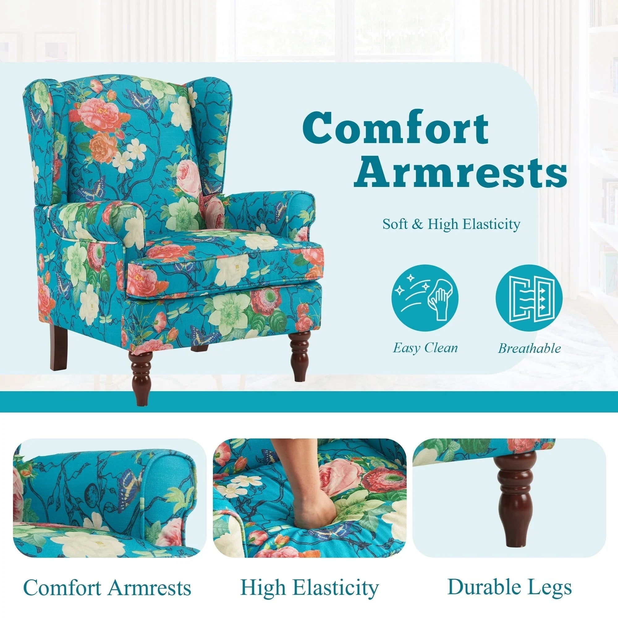 Fauteuil d'appoint moderne Erommy, fauteuil à dossier haut, canapé individuel en tissu capitonné avec pieds en bois pour salon