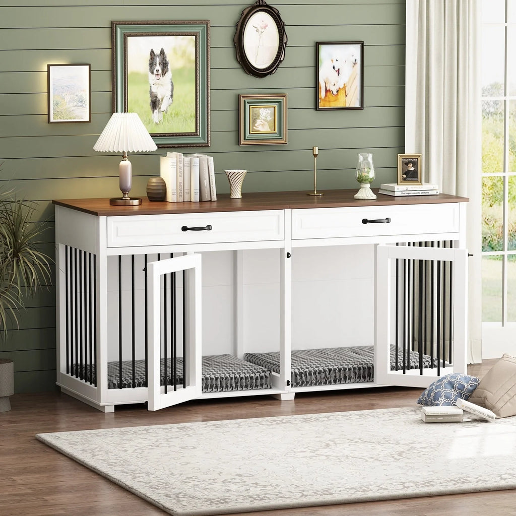 Meuble Niche Double pour Chiens en Bois avec 2 Tiroirs et Séparateur