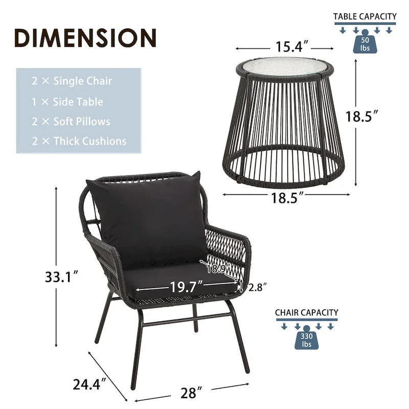 Ensemble de bistro 3 pièces pour terrasse, salon de jardin en rotin d'extérieur avec table en verre et 2 fauteuils larges, coussins d'assise