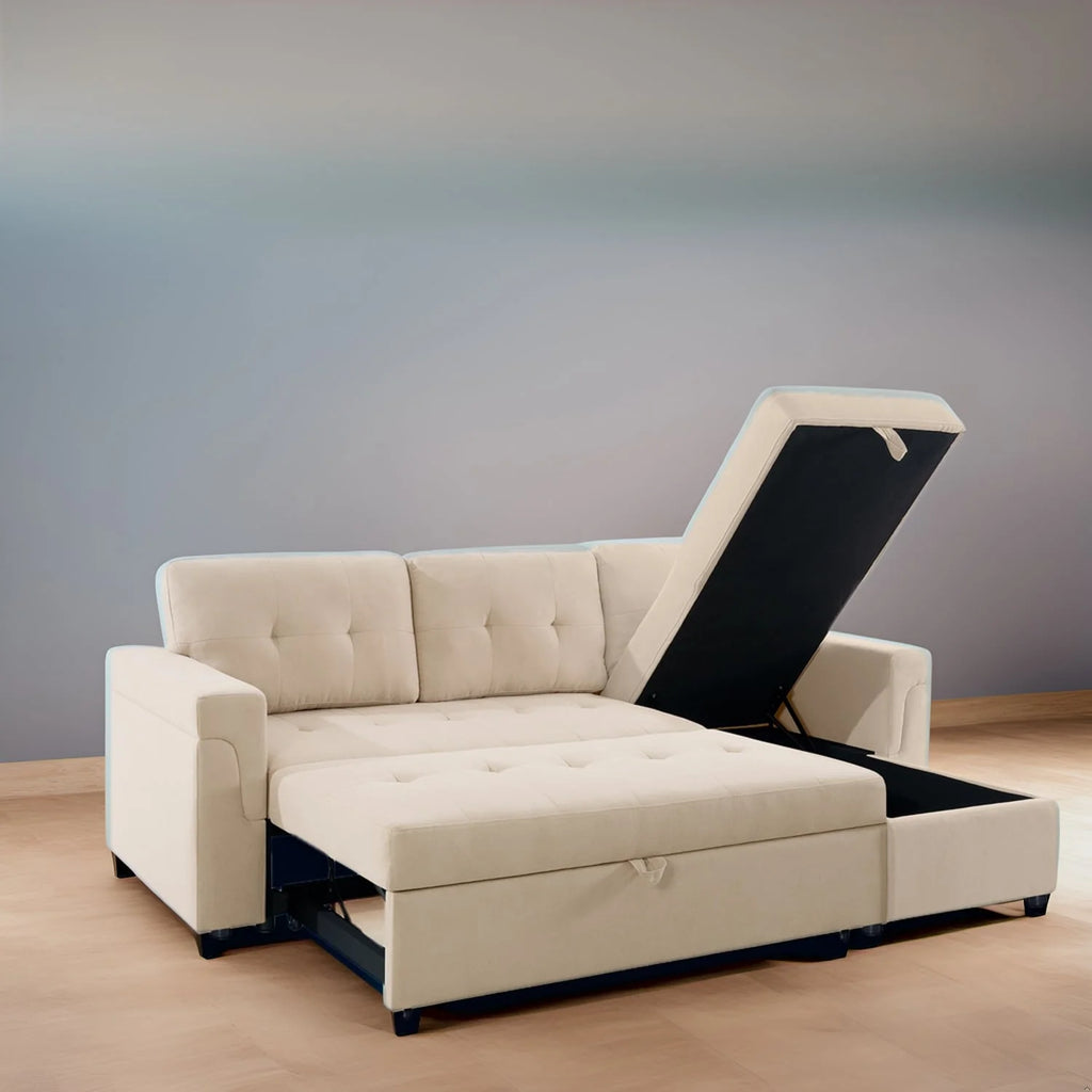Canapé d'angle réversible convertible avec lit gigogne, méridienne avec rangement dissimulé et pieds durables