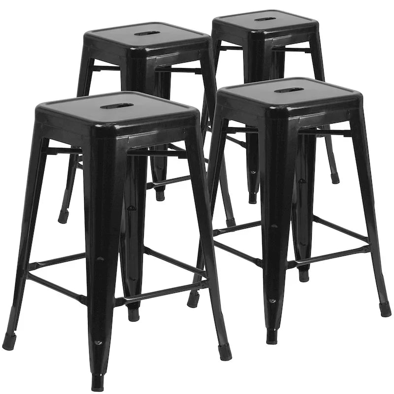 Lot de 4 tabourets de comptoir sans dossier en métal de 61 cm, pour l'intérieur ou l'extérieur, avec assise carrée