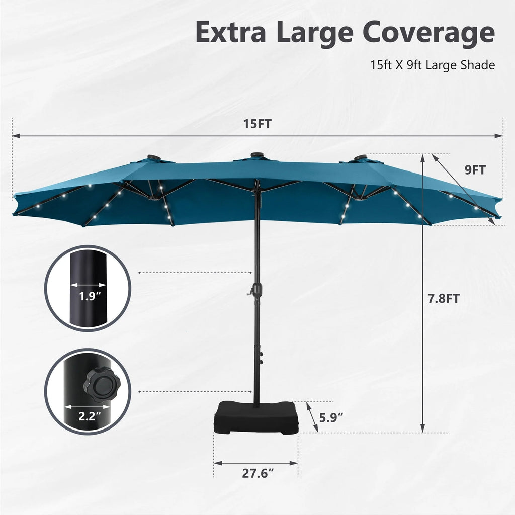 MAISON ARTS Parasol de marché extérieur rectangulaire de 4,5 m avec manivelle, double face, lumières LED solaires et base incluse