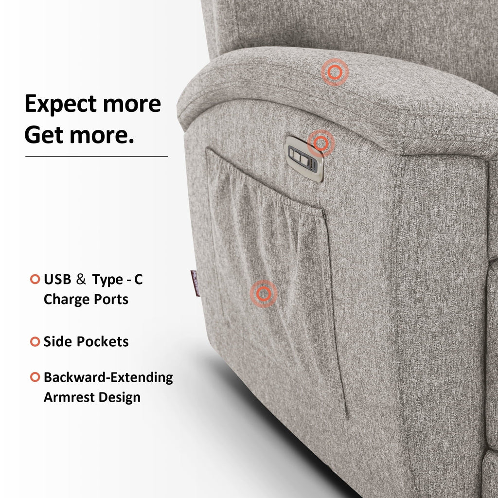 Canapé inclinable électrique biplace MCombo 60.2 avec massage et double chauffage, appuie-tête réglable, ports USB et USB-C, en tissu