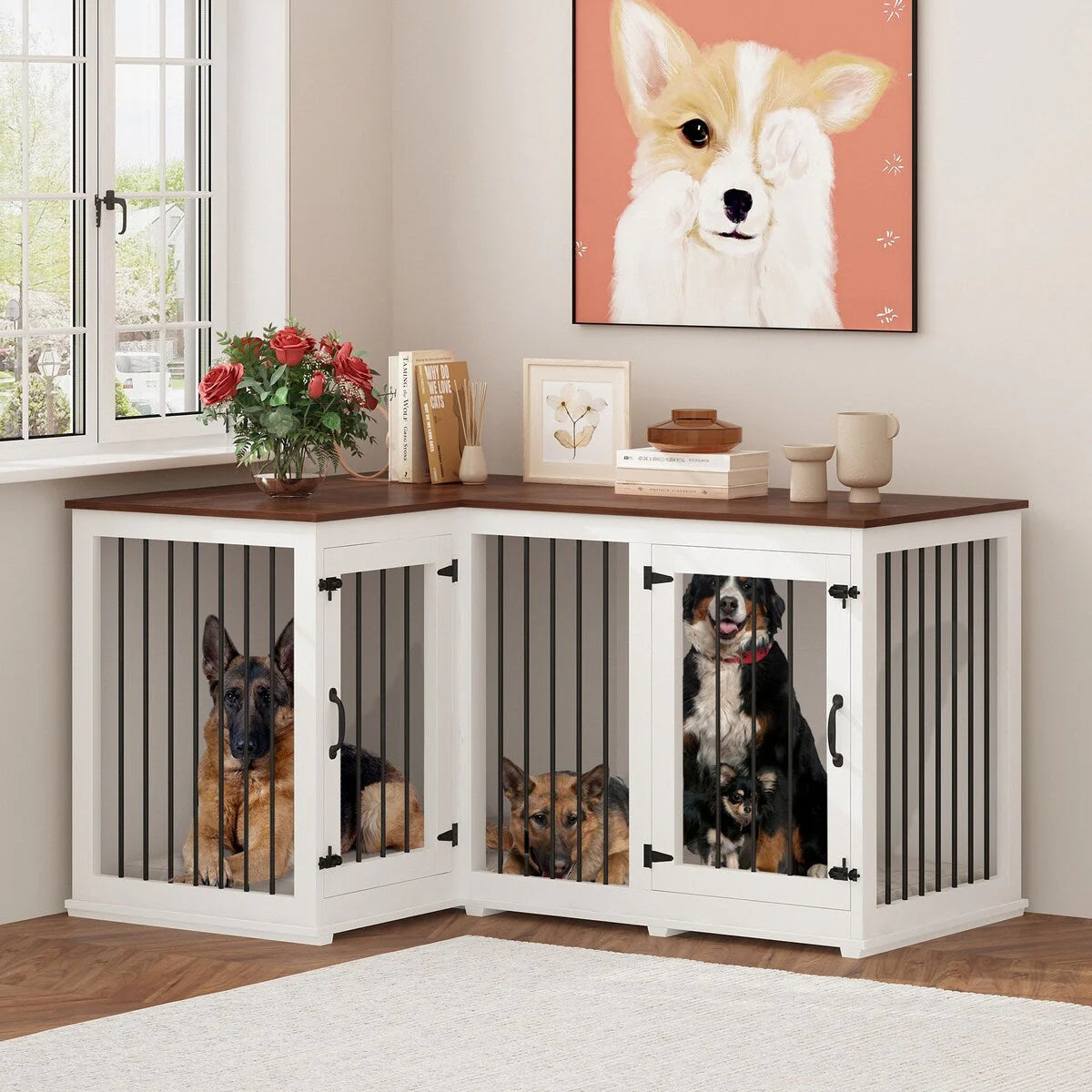 Meuble Grande Cage d'Angle pour 2 Chiens, Cage en Forme de L - 58,7X41,1