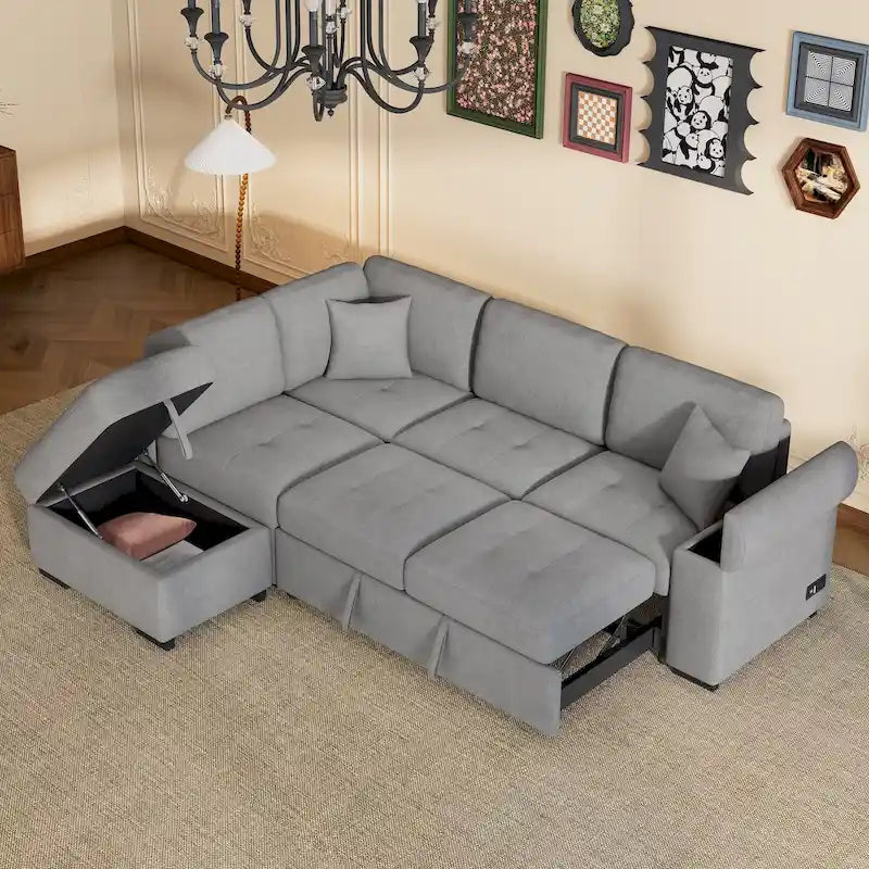 Canapé d'angle convertible 5 places en L 84,75 po avec pouf de rangement, rangement de bras dissimulé et chargement USB pour salon