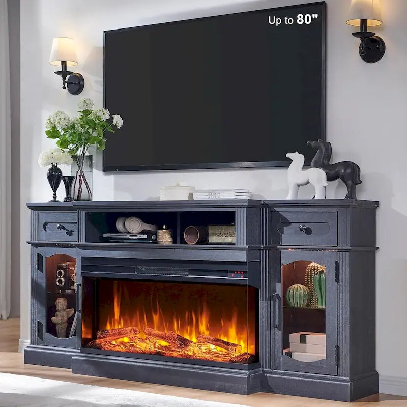 Meubles TV avec cheminée électrique de style rustique jusqu'à 80 pouces, centre de divertissement
