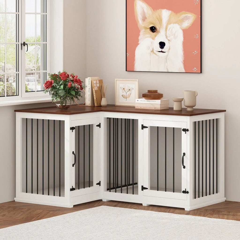 Meuble Grande Cage d'Angle pour 2 Chiens, Cage en Forme de L - 58,7X41,1