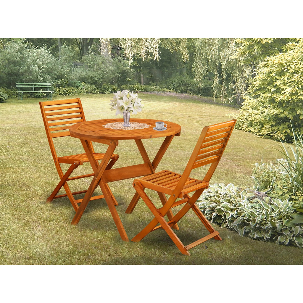 East West Furniture Ensemble Bistro de Conversation d'Extérieur avec Table Basse Ronde en Bois et 2 Chaises Pliantes, Huile Naturelle