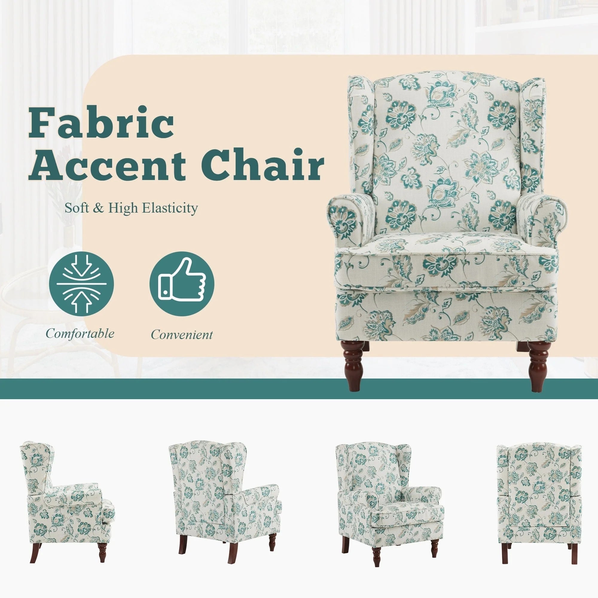 Fauteuil d'appoint moderne Erommy, fauteuil à dossier haut, canapé individuel en tissu capitonné avec pieds en bois pour salon