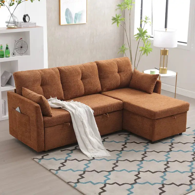 Canapé d'angle réversible en velours côtelé/chenille avec chaise longue de rangement et poche latérale