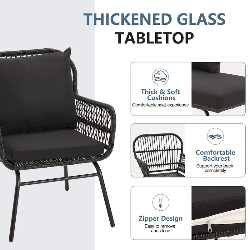 Ensemble de bistro 3 pièces pour terrasse, salon de jardin en rotin d'extérieur avec table en verre et 2 fauteuils larges, coussins d'assise