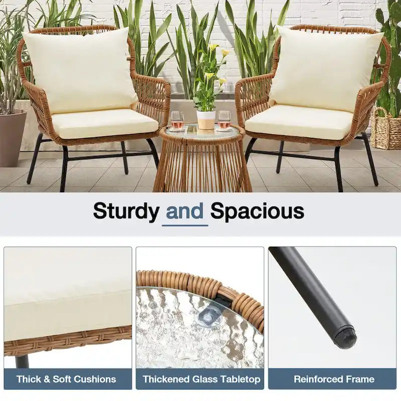 Ensemble de bistro 3 pièces pour terrasse, salon de jardin en rotin d'extérieur avec table en verre et 2 fauteuils larges, coussins d'assise