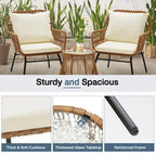 Ensemble de bistro 3 pièces pour terrasse, salon de jardin en rotin d'extérieur avec table en verre et 2 fauteuils larges, coussins d'assise
