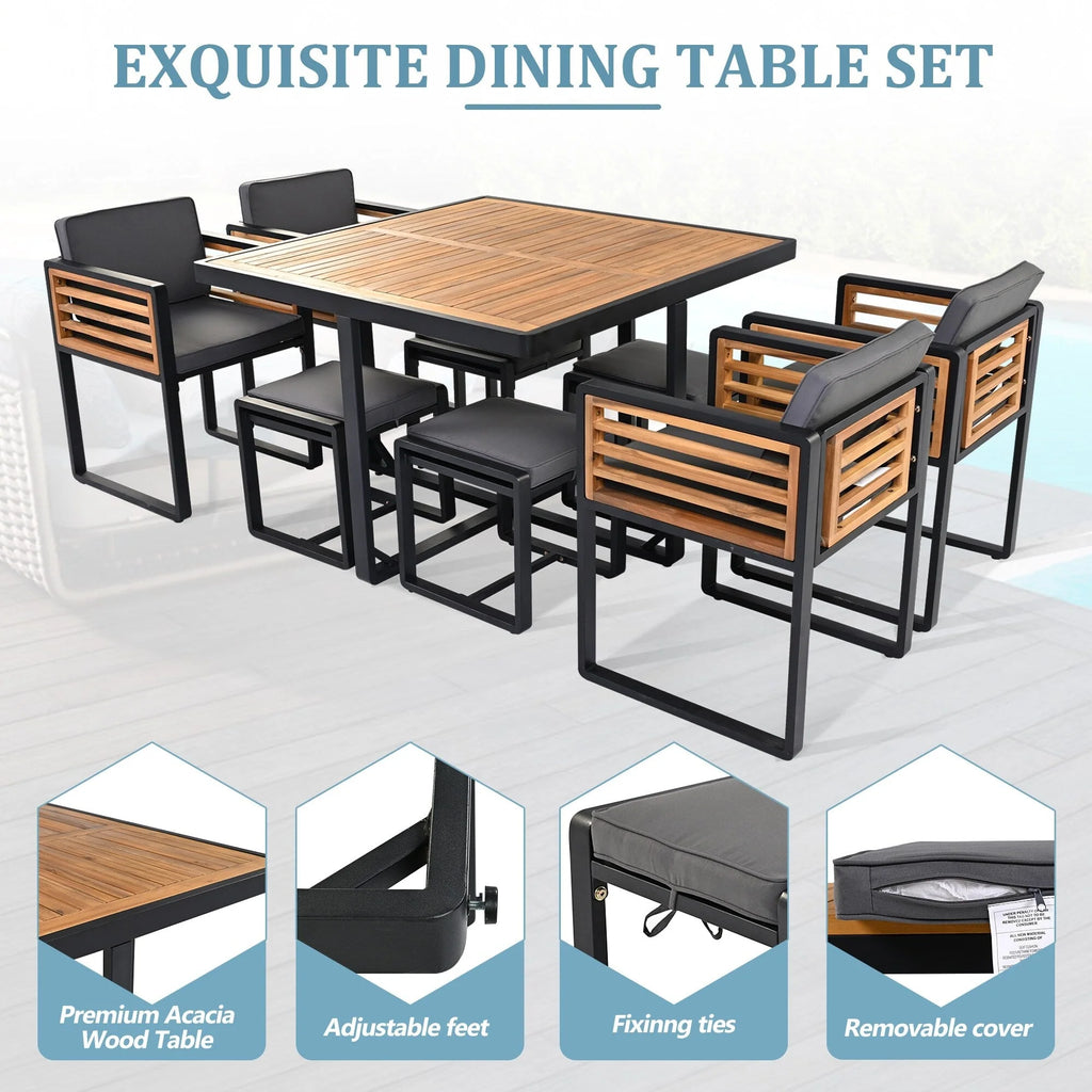 Ensemble de salle à manger de patio en bois d'acacia de 18 pièces, 8 chaises coussinées et 8 poufs et 2 tables carrées