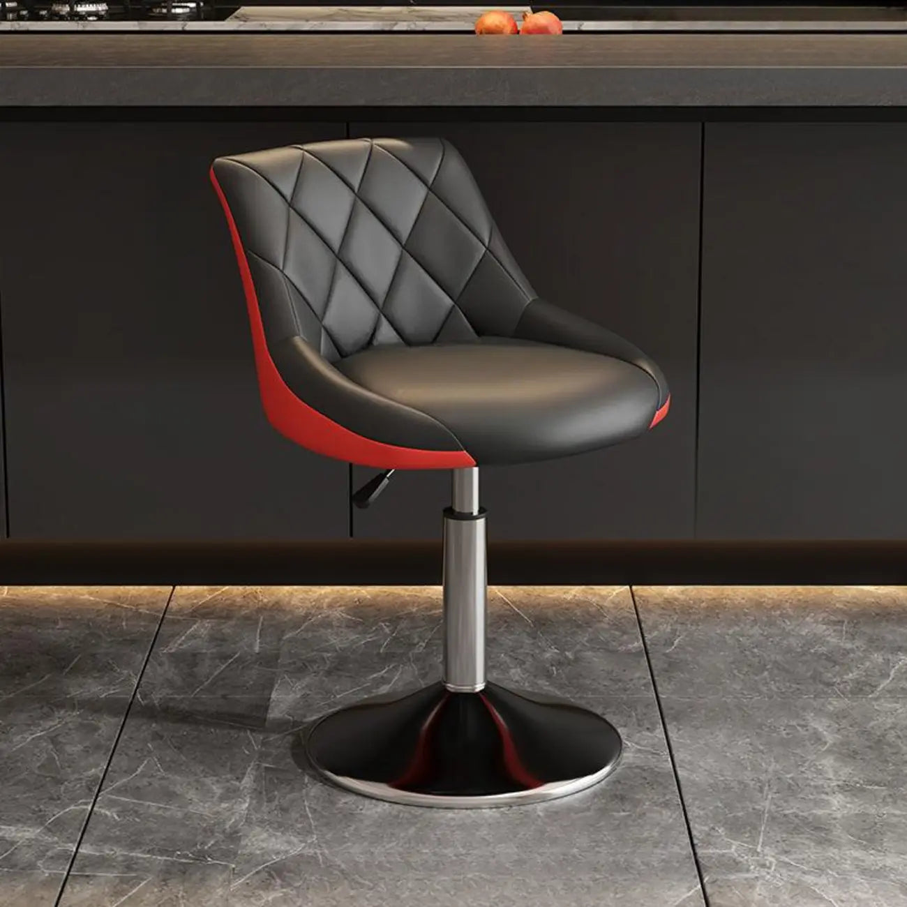 Tabouret de bar pivotant, capitonné en losanges, réglable, cuir PU noir et rouge