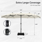 MAISON ARTS Parasol de marché extérieur rectangulaire de 4,5 m avec manivelle, double face, lumières LED solaires et base incluse